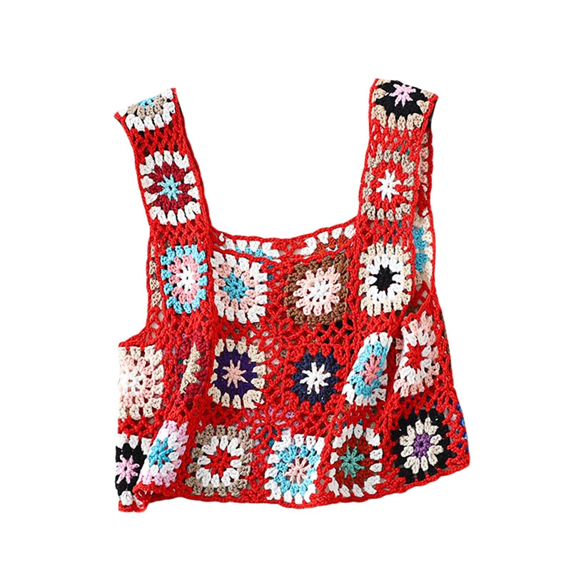 Knitted Crochet Crop Top 2000s Women Floral Embroidery Hollow Out Sleeveless Tshirt Vest y2k Beach Clothes Streetwear