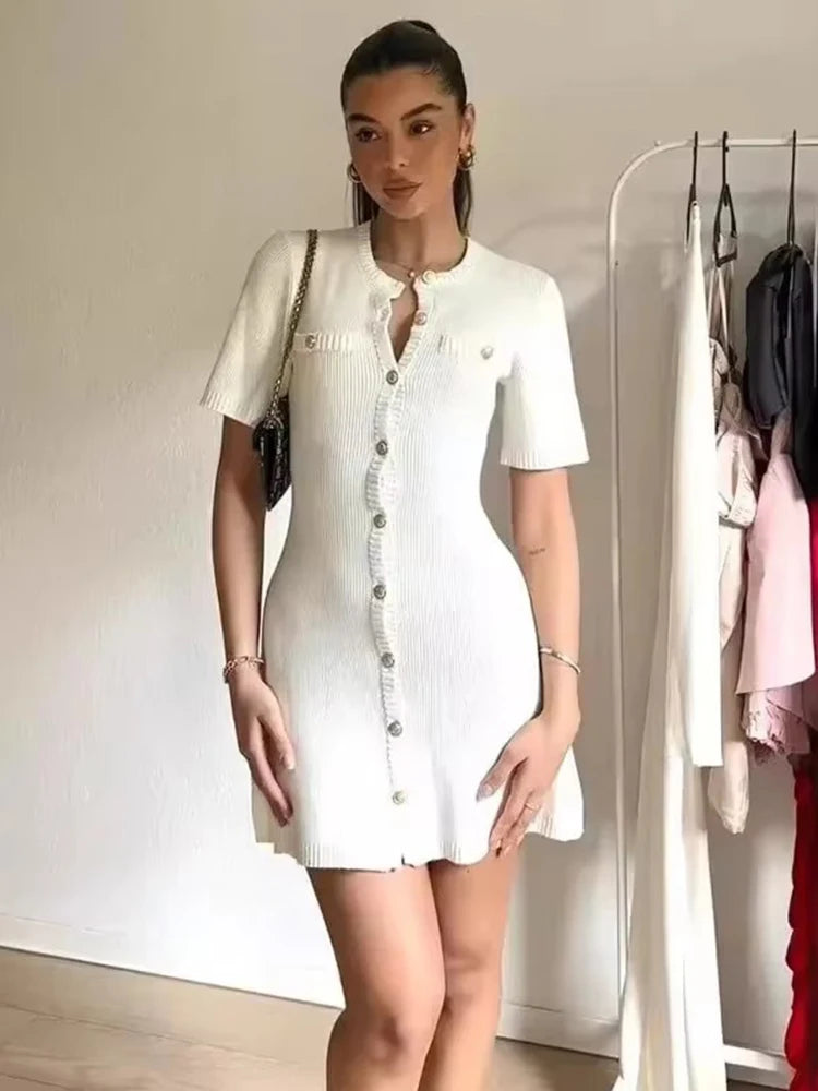 White Elegant Knitted Mini Dress For Women Metal Button Sexy Slim Rib Sweater Dress Holiday Party Outfits Autumn New