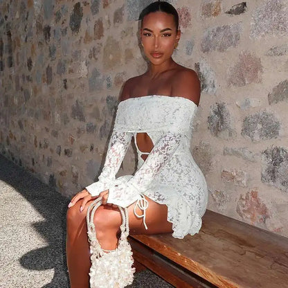 Floral Lace Strapless Sweetheart Neck Tiered Ruffle Hem Bodycon Mini Dress