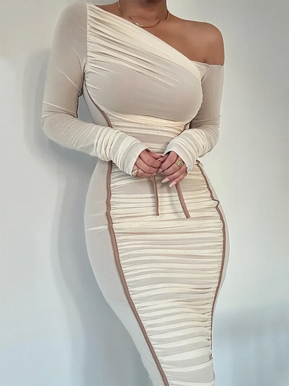 Asymmetric Off Shoulder Ruched Panel Bodycon Midi Dress