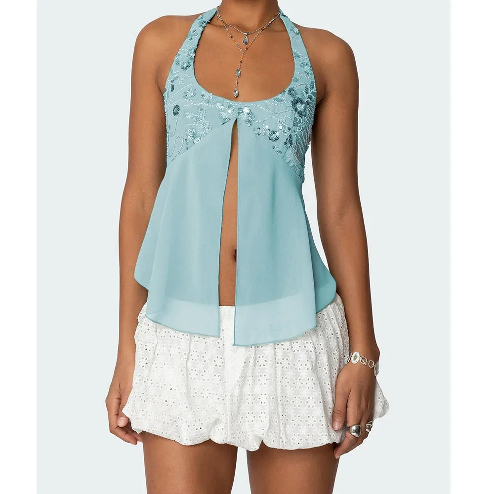 Pearl Embellished Sequins Halter Backless Cami Top