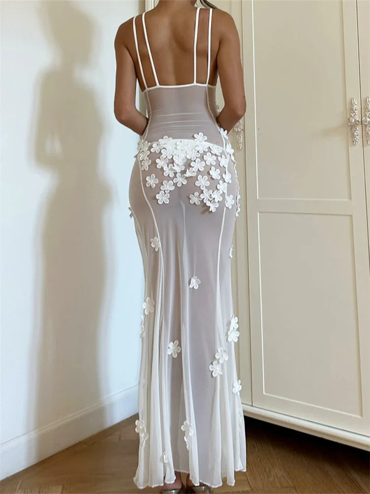 Mesh Strap Split Backless Floral Dress