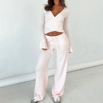 V Neck Tie Waist Two-Piece Set