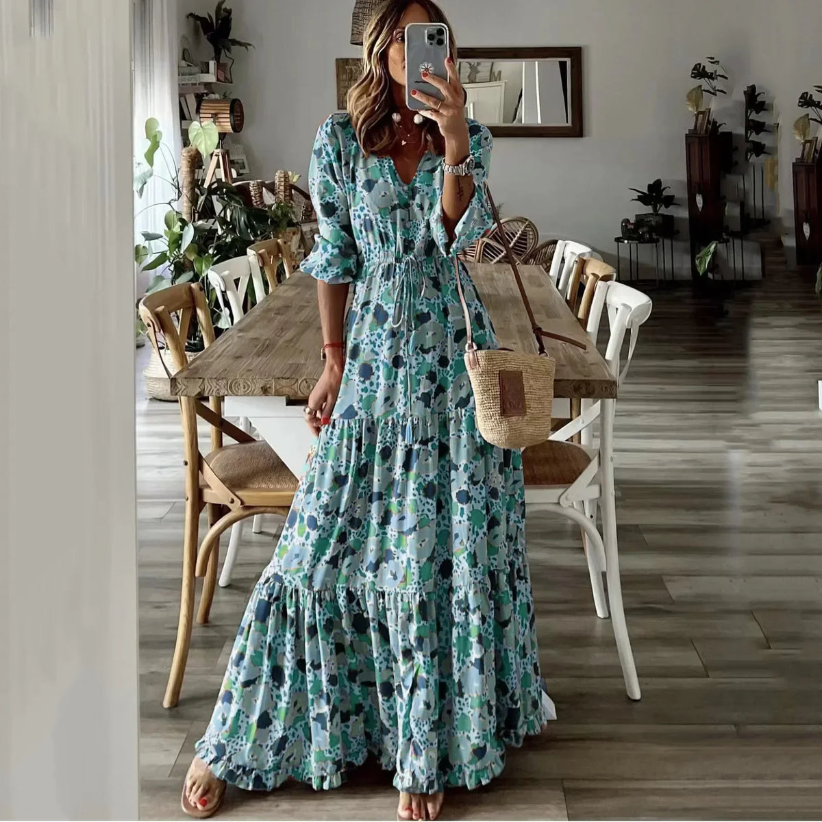 Deep V-Neck Drawstring Waist Tiered Ruffle Abstract Print Maxi Dress