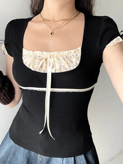 Contrast Lace Patchwork Y2K Black Crop Top