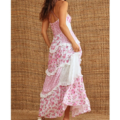 Boho Tie Shoulder Patchwork Floral Dress