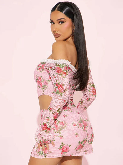 Long Sleeve Backless Hollow Floral Dress