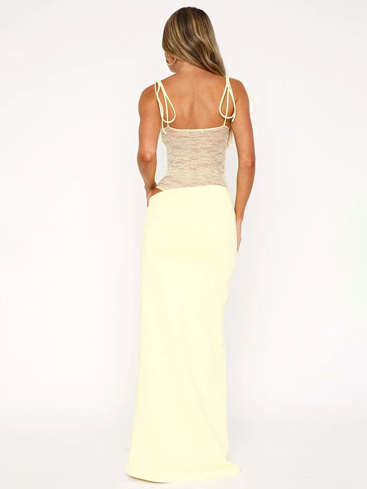 Square Neck Tie Shoulder Lace Panel Midriff Hip Cutout Maxi Dress
