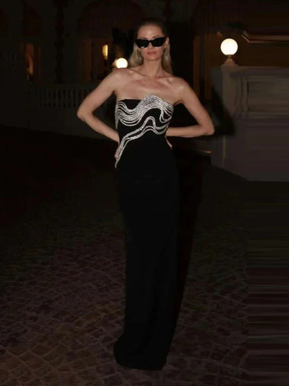 Strapless Wave Rhinestone Bandage Maxi Dress