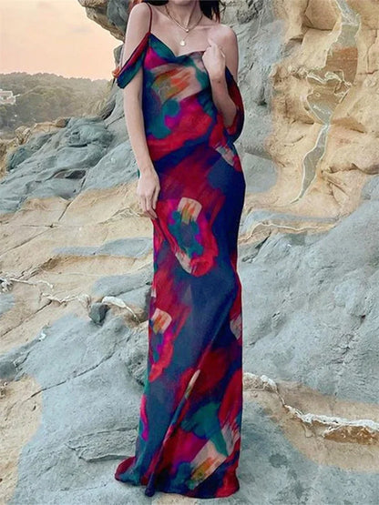 Floral Mesh Off Shoulder Draped Sleeve Bodycon Maxi Dress
