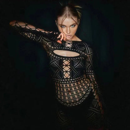 Geometric Crochet Lace Up Cut Out Moto Jacket Bodycon Mini Dress