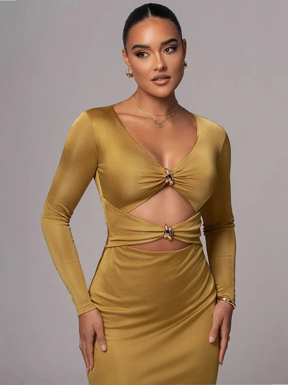 V-Neck Long Sleeve Ring Hardware Cut Out Bodycon Maxi Dress