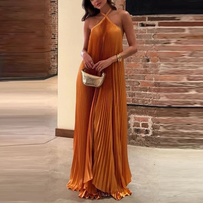 Rib Pleated Lace-up Maxi Dress