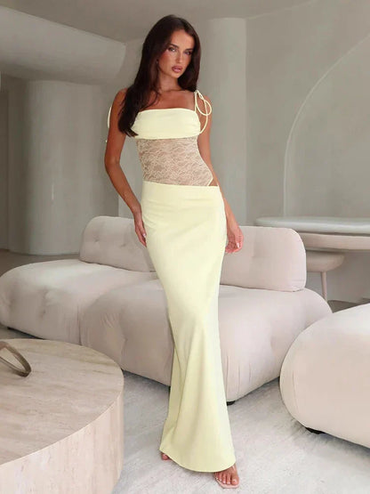 Square Neck Tie Shoulder Lace Panel Midriff Hip Cutout Maxi Dress