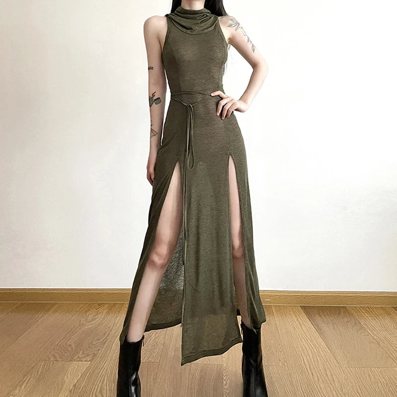 Hollow Back Slit Hooded Midi Dress