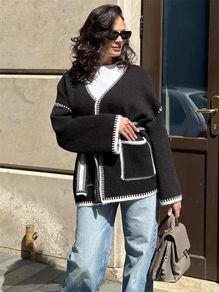 Knit Contrast Cardigan Sweater For Women Lace-Up Pocket Long Sleeve Patchwork Loose Coat Autumn Knitwear Women’s Outwear