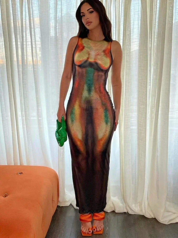 Multicolor Print Sleeveless Maxi Dress