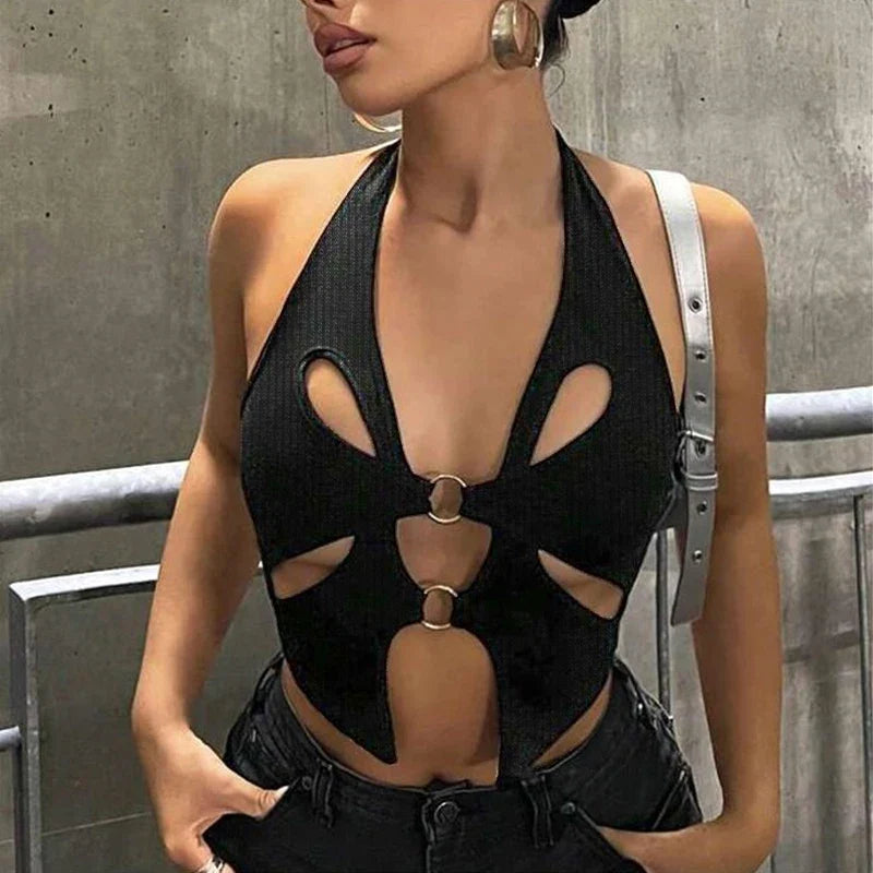 Backless Y2K Black Asymmetrical Slim Cami Top