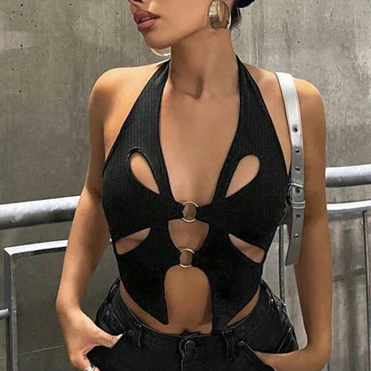 Backless Y2K Black Asymmetrical Slim Cami Top