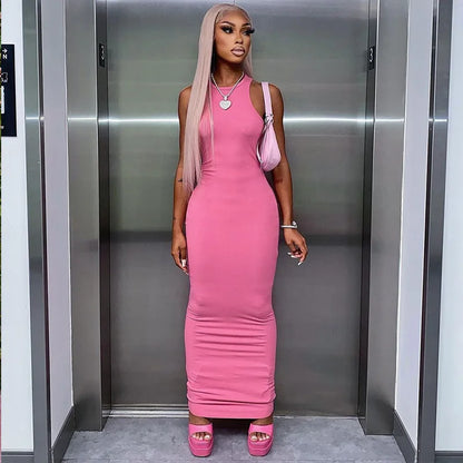 Crew Neck Sleeveless Ribbed Bodycon Maxi Dress