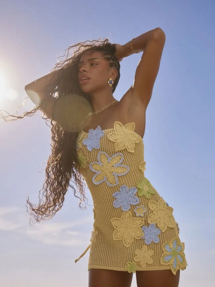 Crochet Mesh 3D Floral Applique Spaghetti Strap Mini Dress