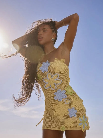 One Shoulder Floral Appliqué Crochet Mesh Mini Dress
