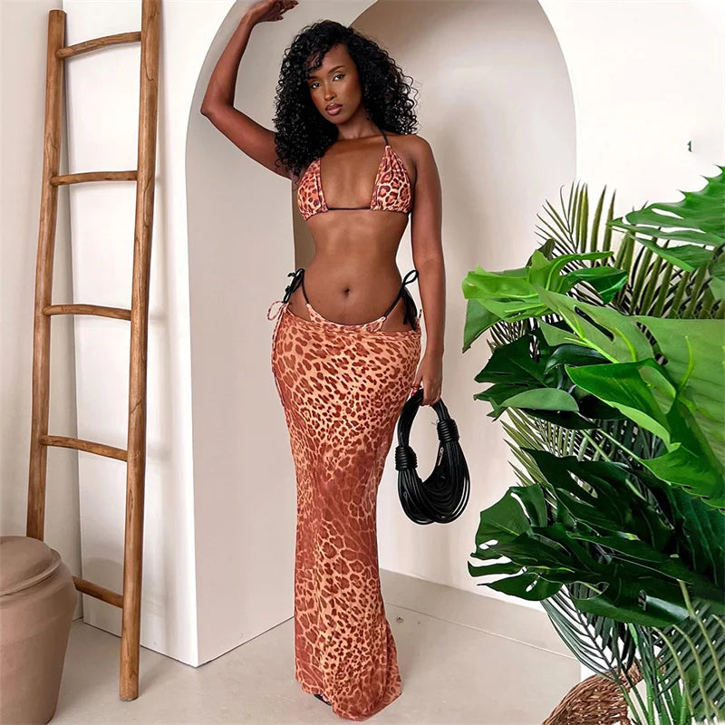 Zebra Leopard Print Bra Long Skirt Three Piece Swim Sets