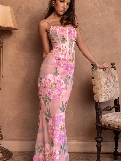 Dot Halter Slim Cleavage Floral Dress