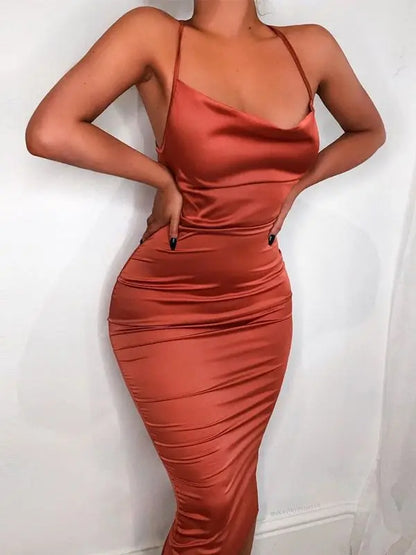 Cowl Neck Spaghetti Strap All Over Ruched Satin Bodycon Midi Dress