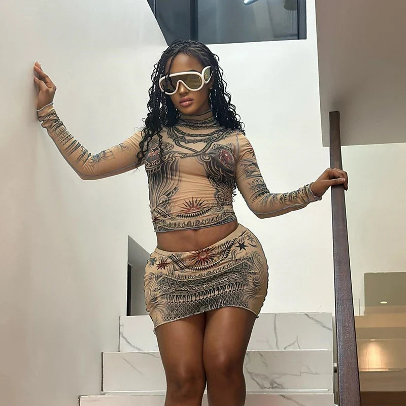 Autumn Aesthetic Print Mesh O-neck Peach Mini Two Piece Skirt Set