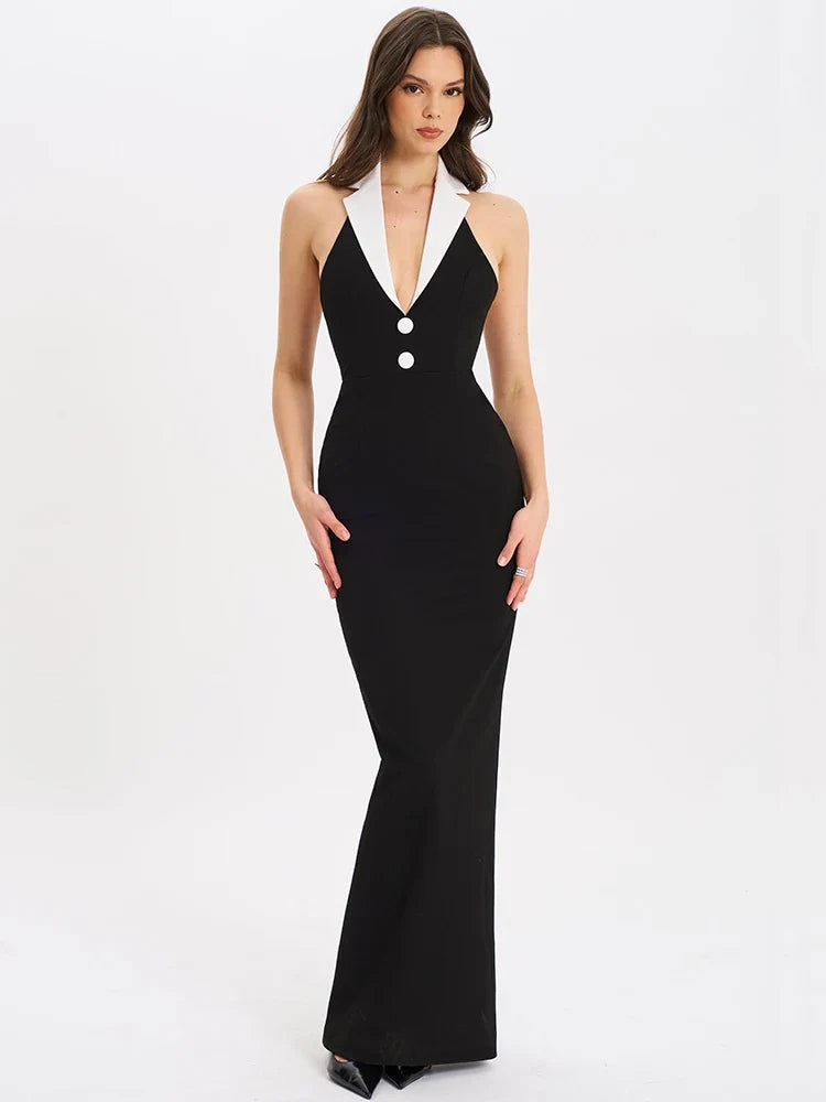 Color Block Notched Halter Maxi Dress
