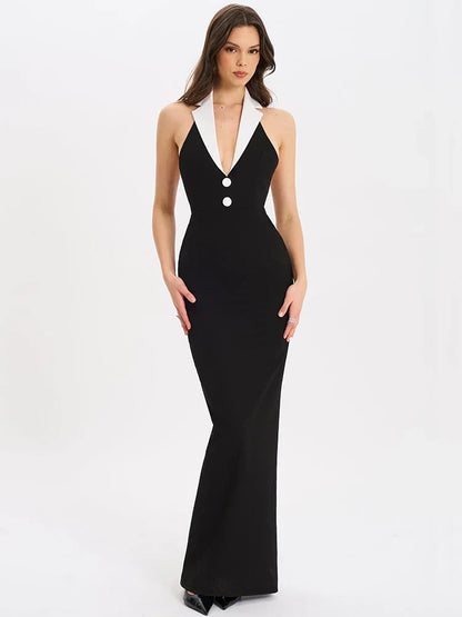 Color Block Notched Lapel Halter Deep V-Neck Maxi Dress