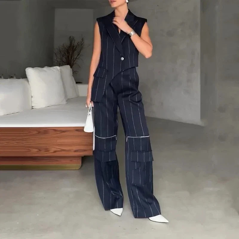 Striped Irregular Cargo Pant Suit