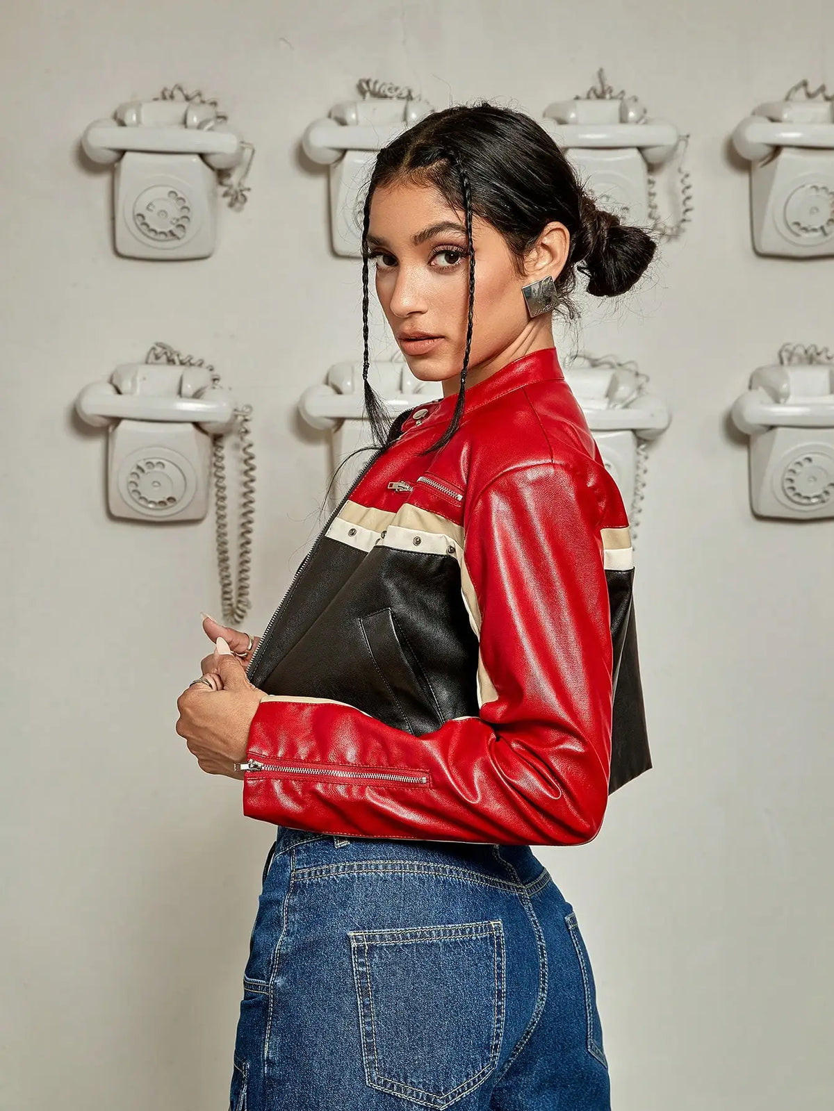 Patchwork Letter Zip Crop Jacket