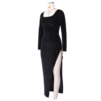 Square Neck Ruched Waist High Slit Long Sleeve Maxi Dress