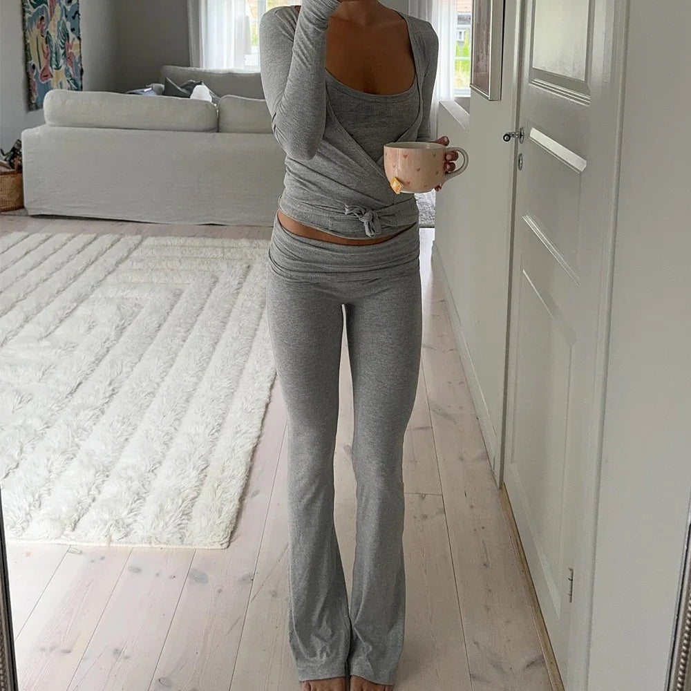 Y2K Tie-up Wrap V-neck Two Piece Pants Set