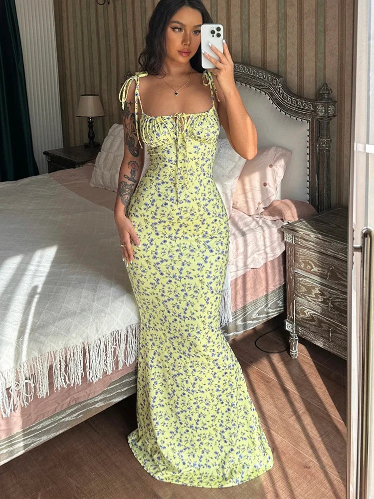Sleeveless Lace Up Backless Floral Dress