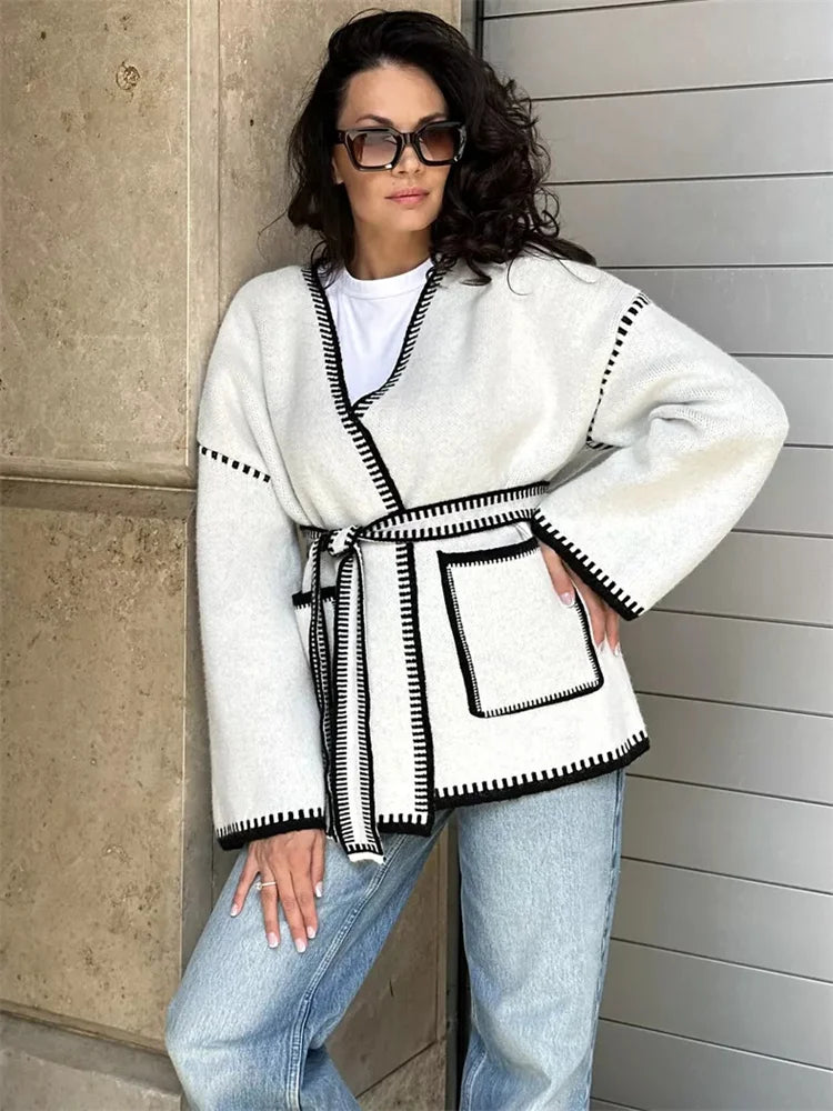 Knit Contrast Cardigan Sweater For Women Lace-Up Pocket Long Sleeve Patchwork Loose Coat Autumn Knitwear Women’s Outwear