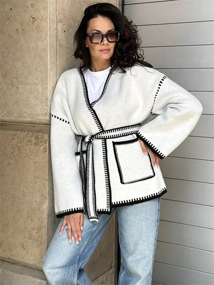 Knit Contrast Cardigan Sweater For Women Lace-Up Pocket Long Sleeve Patchwork Loose Coat Autumn Knitwear Women’s Outwear