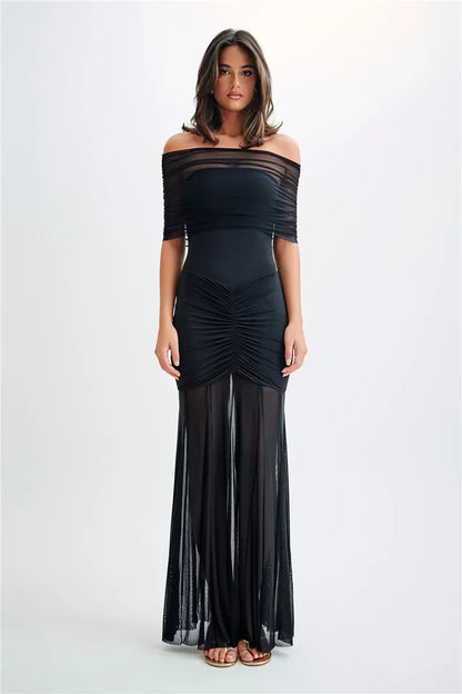 Off Shoulder Mesh Ruched Overlay Ruffle Hem Bodycon Mini Dress