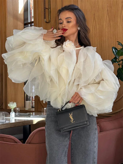 Patchwork Ruffled White Shirts Fashion Elegant For Women High Waist Long Sleeve Casual Streetwear Ladies Blouse Top