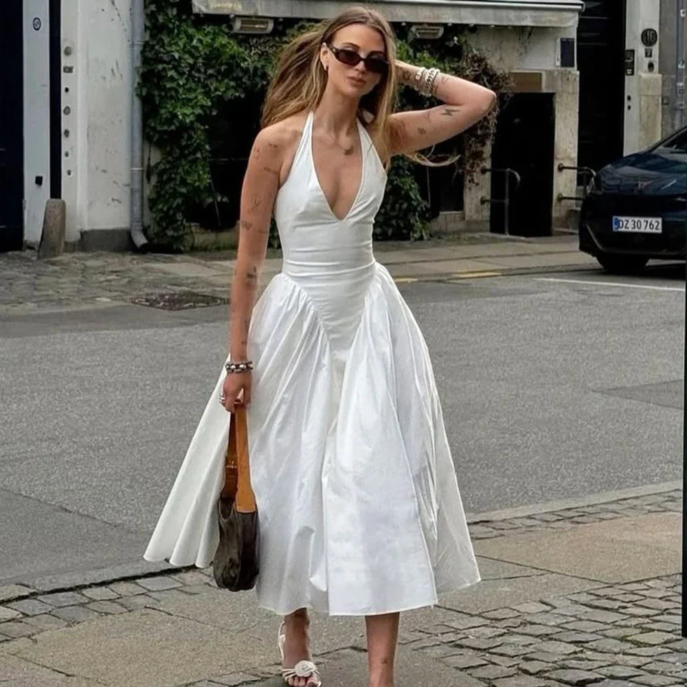 Backless Deep V Spliced Long Midi Dress