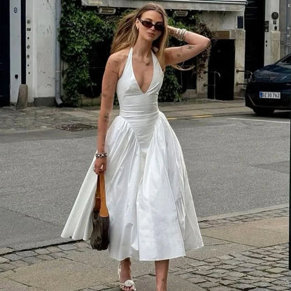 Backless Deep V Spliced Long Midi Dress