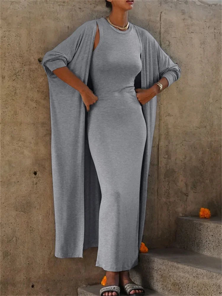 Casual 2 Piece-Set Female Long Dress Slim High Waist Patchwork Sleeveless Dress And Overcoat Sets Women Maxi Dress Outfits
