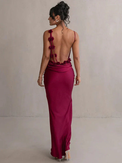 Satin Floral Applique Cowl Back Spaghetti Strap Maxi Gown