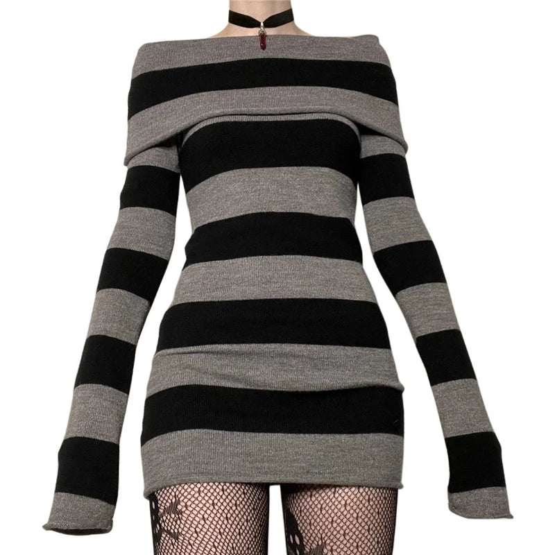 Goth Dresses Punk Gothic Witchy Dark Academia Women Off Shoulder Knitted Dress y2k Fairy Grunge Dresses Halloween Wear