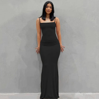 Ribbed Knit Spaghetti Strap Scoop Neck Mermaid Hem Maxi Dress