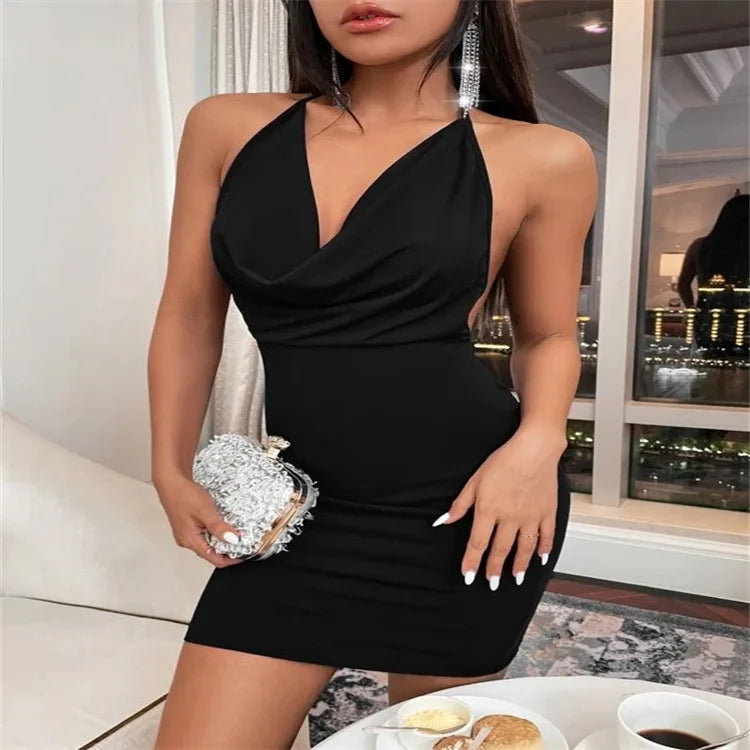Y2K popular European and American women’s clothing, fashionable split butterfly knot dew back hanging neck short dress for women
