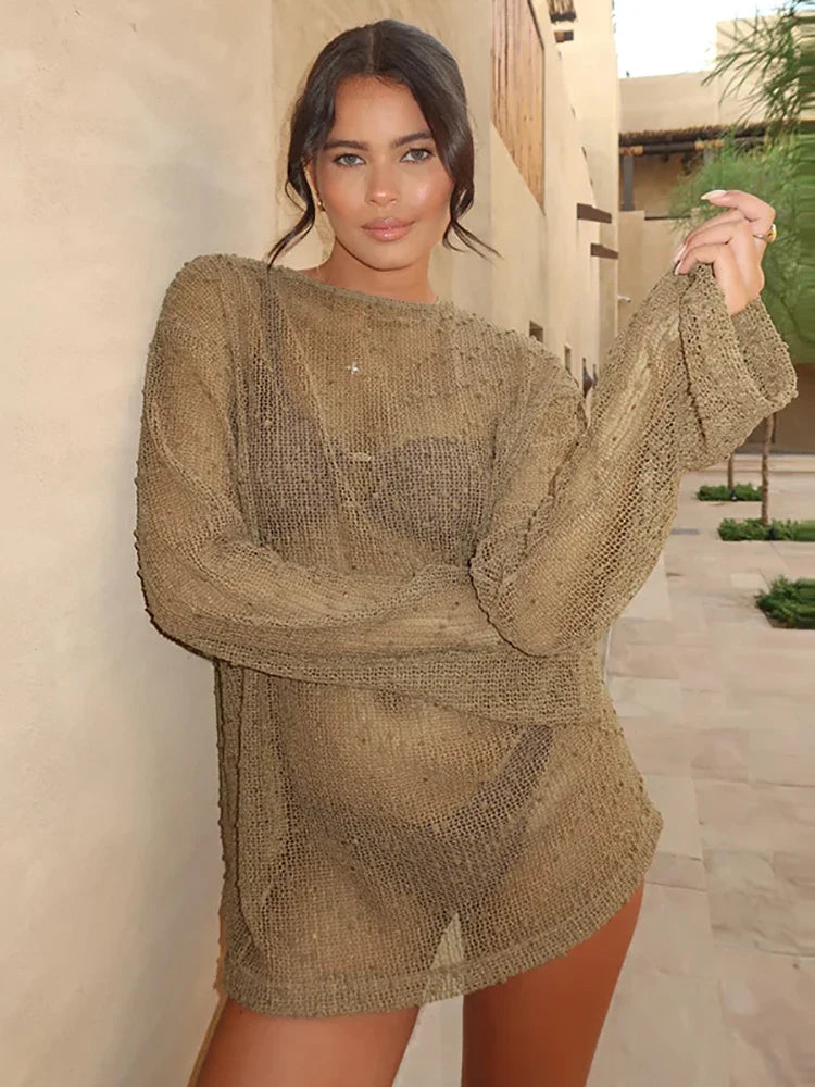 Hollow Out Long Sleeve Mesh Sheer Top