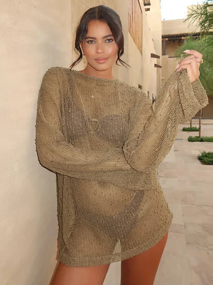Hollow Out Long Sleeve Mesh Sheer Top